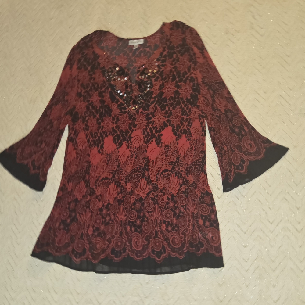 Fashion Bug Red and Black Lace Blouse